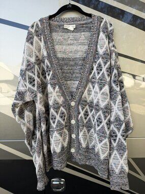 Vintage 80s Bachrach geometric Grandpacore oversized v-neck cardigan L retro
